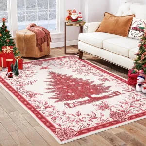 Christmas Area Rug 4x6 with Tree Print, Washable & Non-Slip, Terrycloth Soft, Stain Resistant, Foldable, Rubber Backing, Living Room & Bedroom