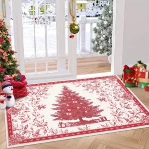 Christmas Rug 2x3 with Tree Print, Non-Slip TPR Backing, Soft Terrycloth Material, Washable and Foldable, Indoor Entryway and Kitchen Mat