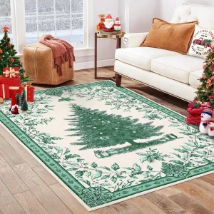 Christmas Tree Print Rug 6x9 - Soft Terrycloth, Non-Slip TPR Backing - Washable, Foldable - Pet & Kid Friendly - Green - Living Room, Bedroom