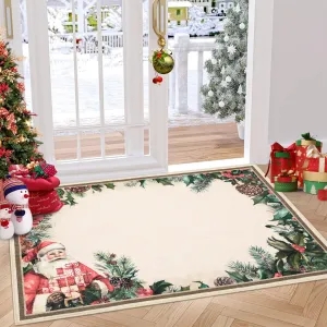 Christmas Santa Claus Area Rug - Non Slip, Washable - Soft Low Pile - Classic Red Print - 2x3 Size - Indoor Entryway, Living Room