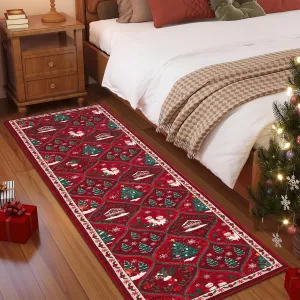 Christmas Runner Rug 2x6 Red - Non Slip, Washable - Polyester, Low Pile, Stain Resistant - Indoor Hallway, Kitchen, Bedroom