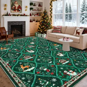 Christmas Living Room Rug 5x7 Green Area Rug with Non-Slip Backing, Washable Low Pile, Soft Polyester, Durable Stain Resistant, Bedroom Dining Office Carpet