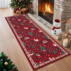 Christmas Kitchen Runner Rug 2x8, Non-Slip, Washable Low Pile, Polyester, Durable Soft Faux Wool, Red, Hallway Bedroom Entryway