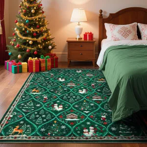 Christmas Area Rug 4x6 - Non Slip, Washable - Soft Faux Wool - Low Pile, Stain Resistant - Red/Green - Bedroom, Office, Kitchen