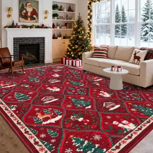 Christmas Area Rug 9x12 Red Festive Design Non-Slip & Washable Polyester Soft Low Pile Durable Indoor Living Room Bedroom