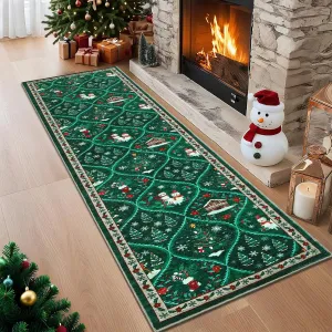 Christmas Runner Rug 2x8 Non-Slip Low Pile Washable Polyester Soft Durable Stain Resistant Green Kitchen Hallway Bedroom