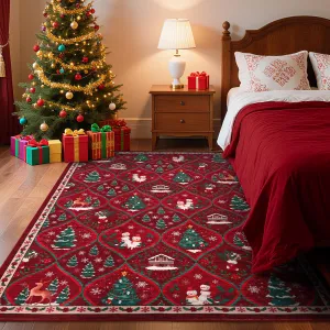 Christmas Washable Rug 4x6 Red Boho Trellis Non-Slip Low Pile Polyester Soft Durable Living Room Bedroom Kitchen