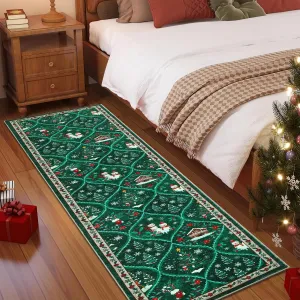 Christmas Runner Rug 2x6 Non-Slip Washable Polyester Soft Low Pile Stain Resistant Green for Kitchen Hallway Bedroom