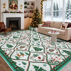 Christmas Washable Area Rug 8x10 Non-Slip Low Pile Faux Wool Durable Stain Resistant Beige Green Living Room Bedroom