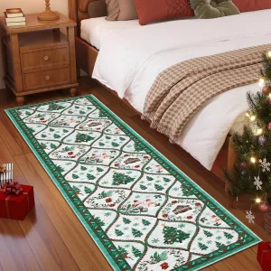 Christmas Runner Rug 2x6 Non-Slip Washable Polyester Soft Low Pile Stain Resistant Beige Green for Kitchen Hallway Bedroom