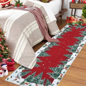 Red Snowman Deer Tree Christmas Runner Rug Non-Slip Washable Indoor Area Rug 2x8 Feet