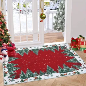 Red Snowman Deer Tree Christmas Door Mat Non-Slip Washable Area Rug Indoor 2x3 Feet