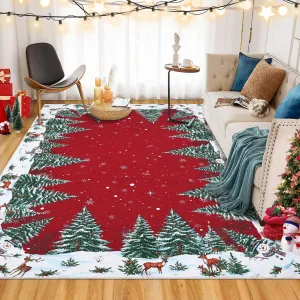 Red Snowman Deer Tree Christmas Area Rug, Low-Profile Washable Rug for Entryway Bedroom Living Room Indoor 4x6 Feet