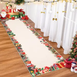 Christmas Runner Rug Non-Slip Washable Low Pile Soft Floor Mat Red Festive Print 2x8 Entryway Kitchen Bedroom Holiday Decor