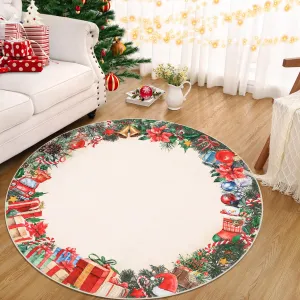 Christmas Round Rug Red Non-Slip Soft Low Profile Washable Area Rug for Living Room Bedroom Dining Room Home Decor