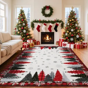 Christmas Tree Pattern Red 9x12 Rug - Washable Non-Slip & Stain Resistant Low Pile for Hallway, Entryway & Festive Bedroom Decor