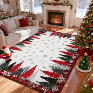 Christmas Tree Pattern Red 5x7 Rug - Washable Non-Slip & Stain Resistant Low Pile for Hallway, Entryway & Festive Bedroom Decor