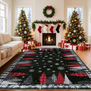 Christmas Tree Pattern Black 5x7  Rug - Washable Non-Slip & Stain Resistant Low Pile for Hallway, Entryway & Festive Bedroom Decor