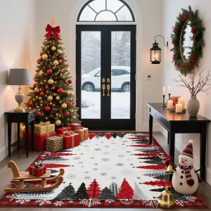 Christmas Tree Pattern Red 8x10 Rug - Washable Non-Slip & Stain Resistant Low Pile for Hallway, Entryway & Festive Bedroom Decor