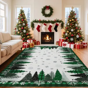 Christmas Tree Pattern Green 9x12  Rug - Washable Non-Slip & Stain Resistant Low Pile for Hallway, Entryway & Festive Bedroom Decor