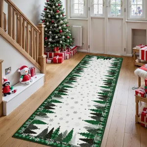 Christmas Tree Pattern Green 2x8Rug - Washable Non-Slip & Stain Resistant Low Pile for Hallway, Entryway & Festive Bedroom Decor