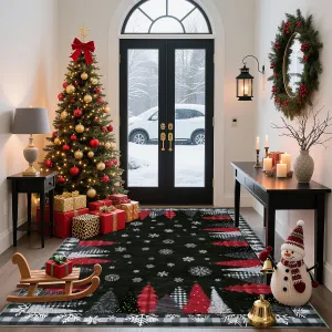 Christmas Tree Pattern Black 8x10  Rug - Washable Non-Slip & Stain Resistant Low Pile for Hallway, Entryway & Festive Bedroom Decor