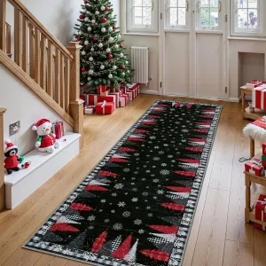 Christmas Tree Pattern Black 2x10  Rug - Washable Non-Slip & Stain Resistant Low Pile for Hallway, Entryway & Festive Bedroom Decor
