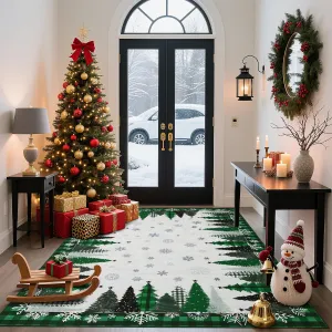 Christmas Tree Pattern Green 5x7  Rug - Washable Non-Slip & Stain Resistant Low Pile for Hallway, Entryway & Festive Bedroom Decor