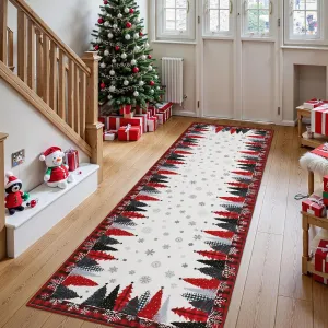 Christmas Tree Pattern Red 2x10  Rug - Washable Non-Slip & Stain Resistant Low Pile for Hallway, Entryway & Festive Bedroom Decor