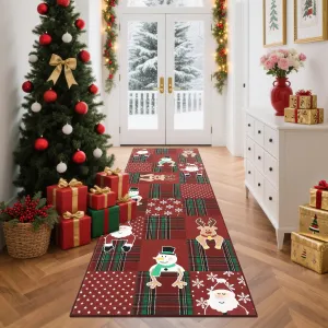Christmas Runner Rug 2x6 Non Slip Washable Low Pile Stain Resistant Polyester Checkered Santa Claus Xmas Winter Holiday Kitchen Hallway Bedroom