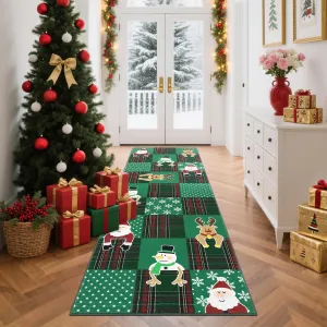 Christmas Runner Rug 2x6, Non Slip, Washable, Low Pile, Stain Resistant, Checkered Santa Claus Design, Green, Holiday Home Decor