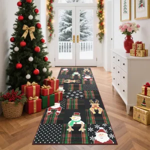 Christmas Runner Rug 2x6, Washable Non-Slip Low Pile Stain Resistant Checkered Santa Claus Snowflakes for Kitchen Hallway Bedroom