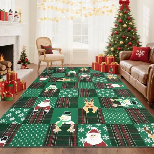 Christmas Living Room Area Rug with Santa Deer Snow Design, Non-Slip & Foldable, Lightweight Plush Material, Stain-Resistant & Machine Washable, Large Size for Nursery Bedroom Dining Playroom