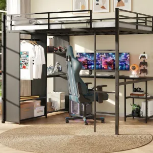 Queen Size Loft Bed Frame with Built-in Desk & LED Lights, Heavy-Duty Metal Loft Bed with Storage Shelves & Wardrobe for Dormitory, Ladder and Safety Guardrail, Nosie-Free, Black