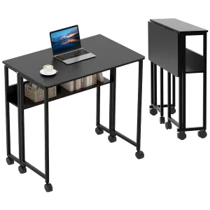 Folding Desk Small Rolling Desk with Storage Shelf, 24.8 Inch Foldable Computer Table with Wheels, Portable Office Desk for Small Space End Table,Writing Work Office Computer Desk, Black
