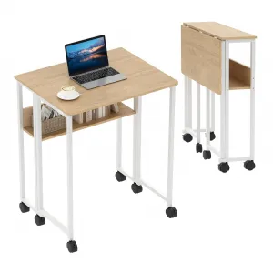 Folding Desk Small Rolling Desk with Storage Shelf, 24.8 Inch Foldable Computer Table with Wheels, Portable Office Desk for Small Space End Table,Writing Work Office Computer Desk, Oak