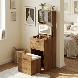3 in 1 Vanity Desk with Hidden Storage Chair, Compact Makeup Table Set with 3 Color LED Mirror, Charger Station, Drawers & Acrylic Doors, Vanity Table, Jewelry Box, for Bedroom, Walnut