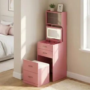 3 in 1 Vanity Desk with Hidden Storage Chair, Compact Makeup Table Set with 3 Color LED Mirror, Charger Station, Drawers & Acrylic Doors, Vanity Table, Jewelry Box, for Bedroom, Pink
