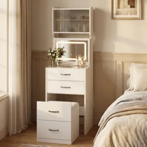 3 in 1 Vanity Desk with Hidden Storage Chair, Compact Makeup Table Set with 3 Color LED Mirror, Charger Station, Drawers & Acrylic Doors, Vanity Table, Jewelry Box, for Bedroom, White