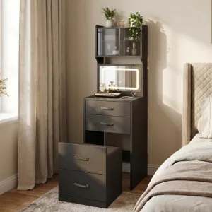 3 in 1 Vanity Desk with Hidden Storage Chair, Compact Makeup Table Set with 3 Color LED Mirror, Charger Station, Drawers & Acrylic Doors, Vanity Table, Jewelry Box, for Bedroom, Black