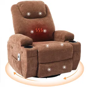 Rocking Recliner Chair with Massage and Heat, Swivel Ergonomic Lounge Chair Classic Single Sofa with 2 Cup Holders Side Pockets Living Room Chair Home Theater Seat, Brown
