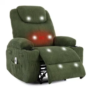 Manual Recliner Chair with Massage and Heat, Ultra-Comfortable 135° Adjustable Reclining Sofa for Living Room & Bedroom, with Cup Holders & Pockets, Corduroy Green