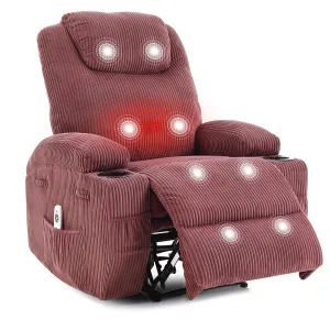 Manual Recliner Chair with Massage and Heat, Ultra-Comfortable 135° Adjustable Reclining Sofa for Living Room & Bedroom, with Cup Holders & Pockets, Corduroy Pink