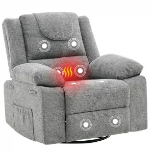 Swivel Rocker Recliner Chair for Adults with Massage and Heat, Oversized Linen Fabric Glider Nursery Chair with Deep Seat, High Backrest, Upholstered Single Sofa for Living Room, Gray