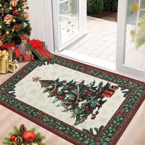 Christmas Tree Area Rug 2x3 Xmas Tree Pattern Non-Slip TPR Rubber Backing Washable Faux Wool Low Pile Indoor Living Room Bedroom Holiday Decor