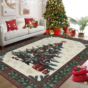 Christmas Tree Area Rug 8x10 Buffalo Plaid Xmas Tree Pattern Washable Non-Slip TPR Rubber Backing Low Pile Lightweight Foldable for Living Room Bedroom