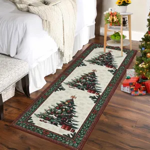 Christmas Tree Area Rug 2x6 Buffalo Plaid Xmas Tree Pattern Non-Slip TPR Rubber Backing Washable Faux Wool Low Pile Indoor Living Room Bedroom