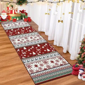 Christmas 2x8 Runner Rug Vintage Boho Medallion Non-Slip Washable Rubber Backing Low Pile Lightweight Foldable for Hallway Bedroom Kitchen