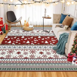 Christmas Area Rug 4x6 Non-Slip Washable Rubber Backing Low Pile Soft Red Carpet Holiday Decor Living Room Bedroom Kitchen