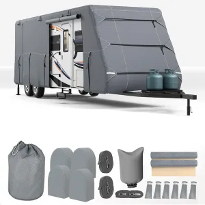 Travel Trailer RV Cover 27-30 ft, Extra-Thick 7 Layers, Windproof Straps Tire Covers, Waterproof UV Protection for Camper, Grey